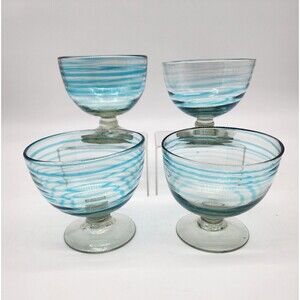 Set of 4  Hand Blown Art Glass Blue Stripe Dessert Ice Cream Bowl Pedestal Stem